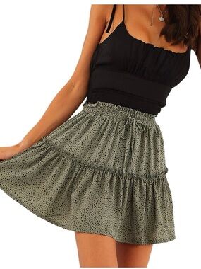 Tiered Olive Green Polka Dot Smocked Waist Mini Skirt